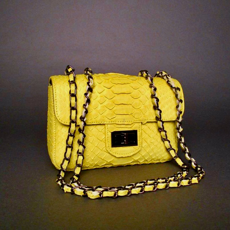 Yellow Python Leather Shoulder Flap Bag - SMALL