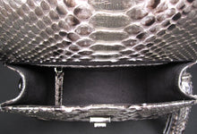 Cargar imagen en el visor de la galería, Bolso tipo cartera pequeño de piel de serpiente plateada metalizada con asa superior
