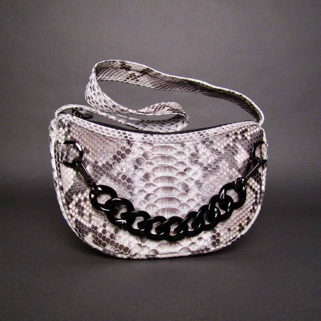 Natural White Snakeskin Python Leather Croissant Shoulder Bag