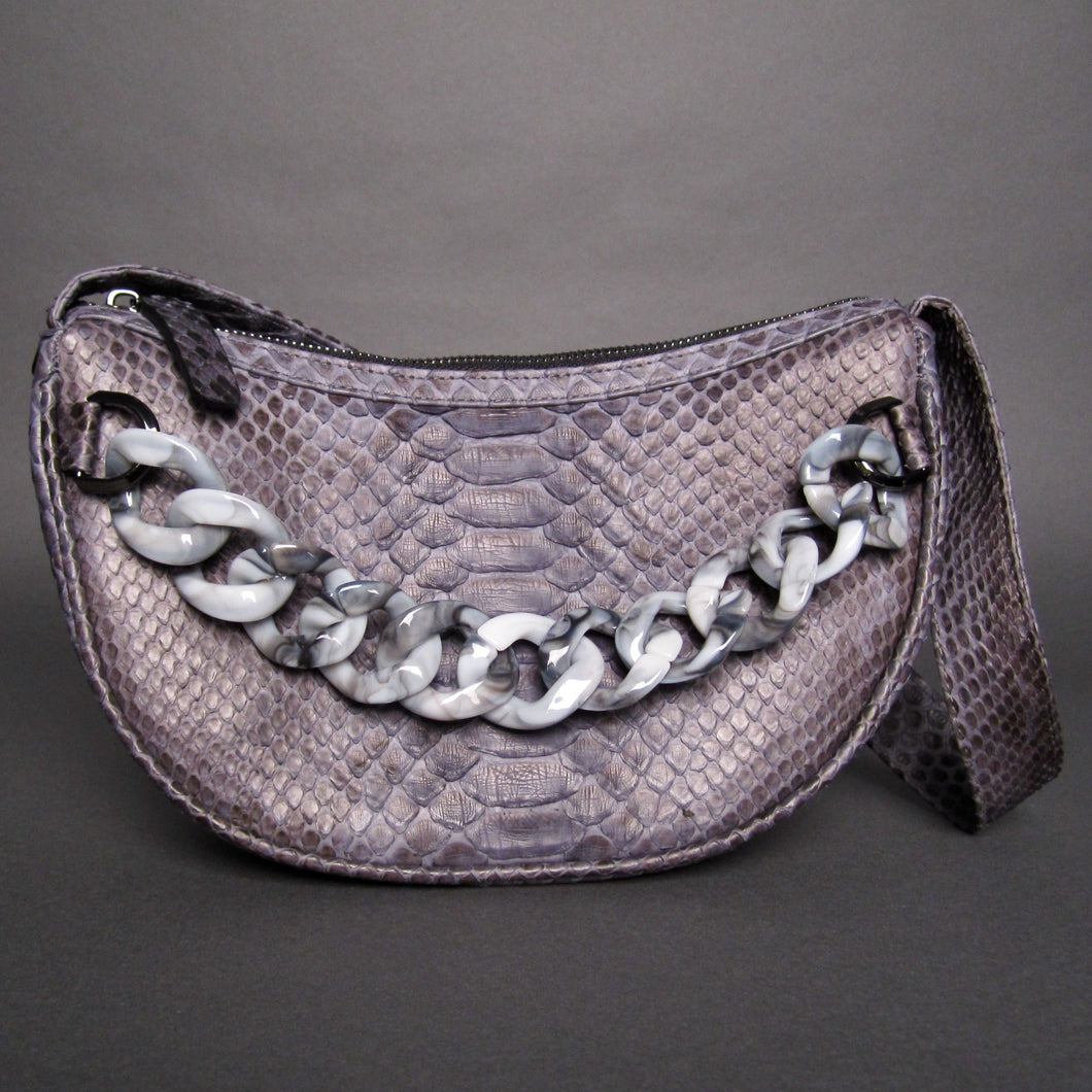 Grey Snakeskin Python Leather Croissant Shoulder Bag