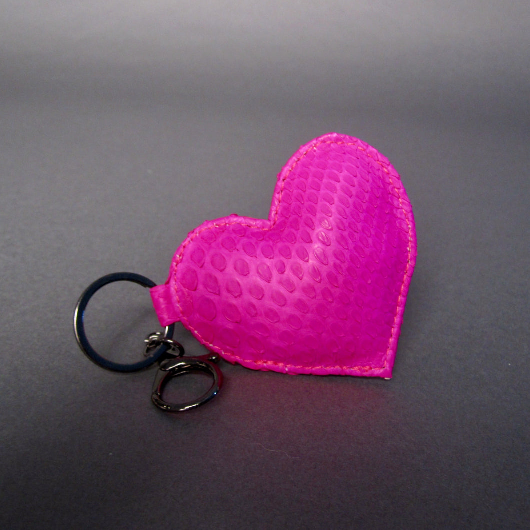 Pink Fuchsia Python Leather Heart Key Holder and Charm - Large