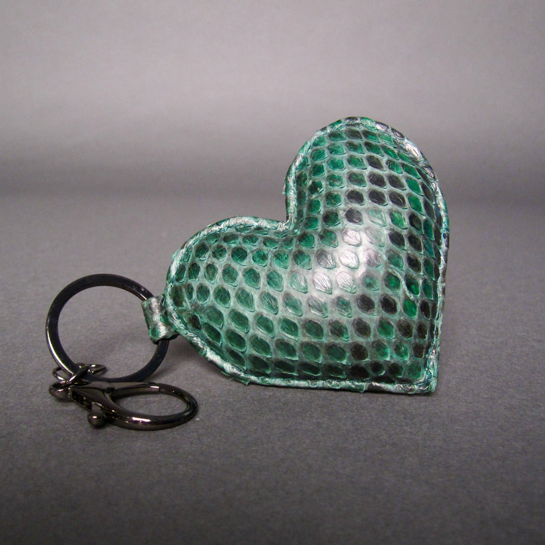 Green Python Leather Heart Key Holder and Charm - Large