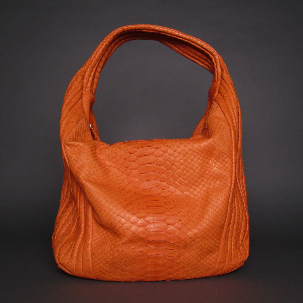 Orange Shoulder Hobo Bag in Genuine Python Leather