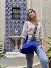 Load image into Gallery viewer, Cobalt blue and multicolor reversible python leather large strap
