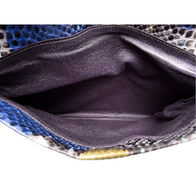 Load image into Gallery viewer, Interior of Yellow and Blue Leather Clutch Bag

