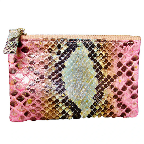 Pink Multicolor Python Leather Zip Pouch