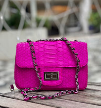 Load image into Gallery viewer, Pink Fuchsia Snakeskin Leather Shoulder Flap Bag - SMALL

