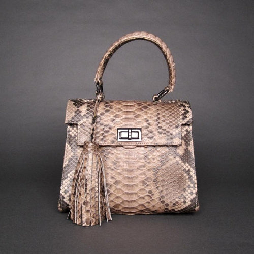 Tan Beige Python Leather Small Satchel Top Handle Bag
