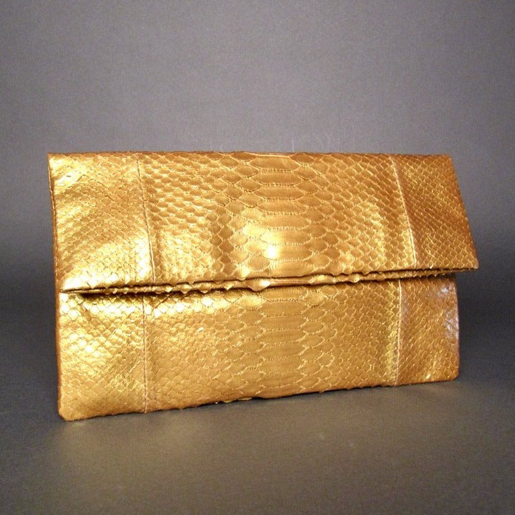 Metallic Gold Python Leather Clutch Bag