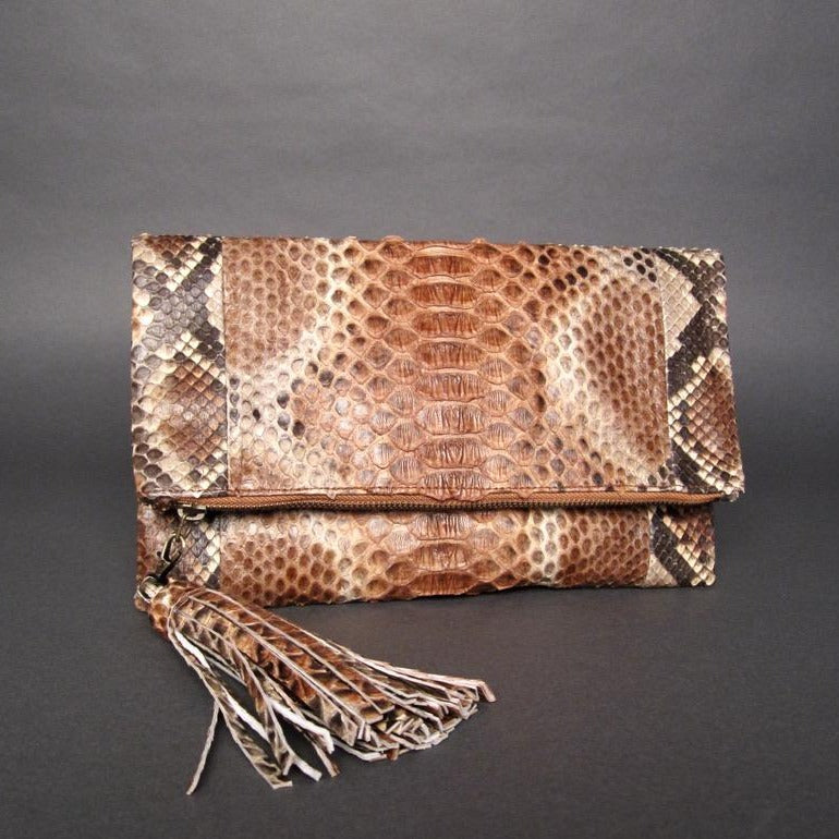 Brown Multicolor Glazed Python Leather Tassel Clutch Bag