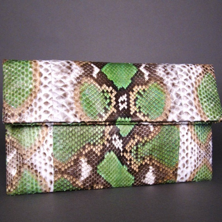  Green Motif Multicolor Python Leather Clutch Bag