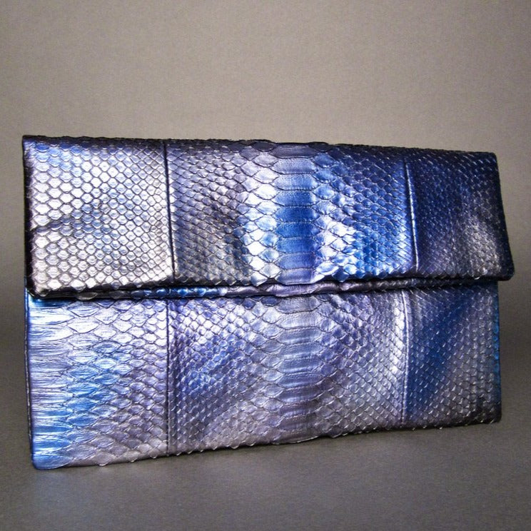 Metallic Midnight Blue Python Leather Clutch Bag