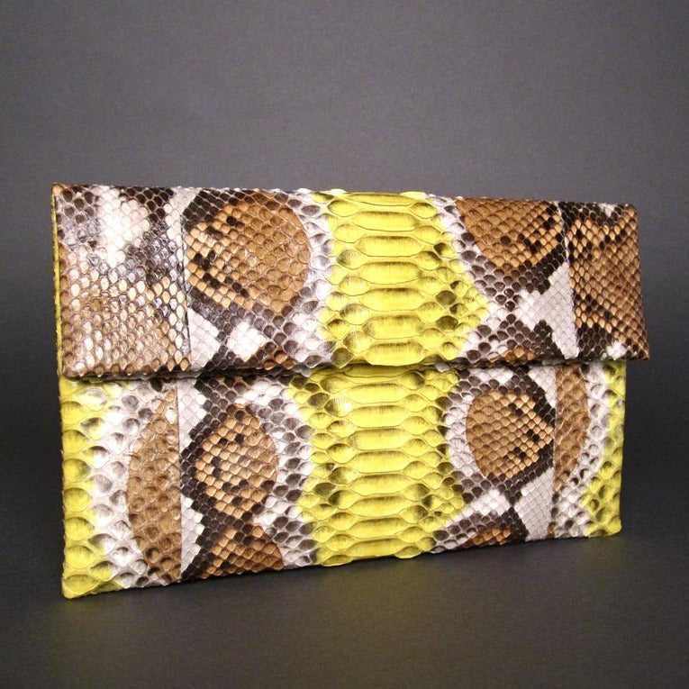 Yellow Multicolor Motif Python Leather Clutch Bag