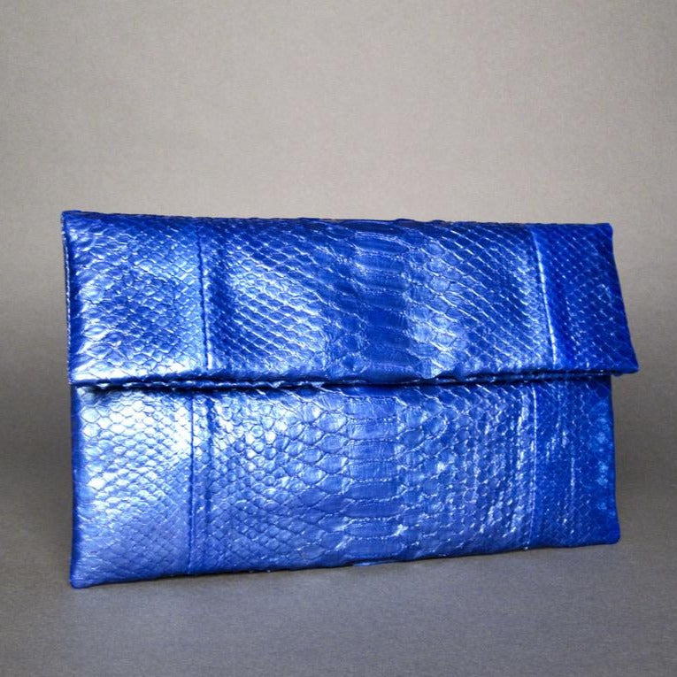 Metallic Blue Python Leather Clutch Bag