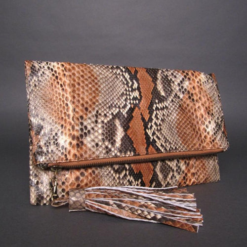 Brown Multicolor Motif Python Leather Tassel Clutch Bag