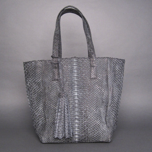 Shopper Stonewashed Leather Grey Zipper Tote Bag