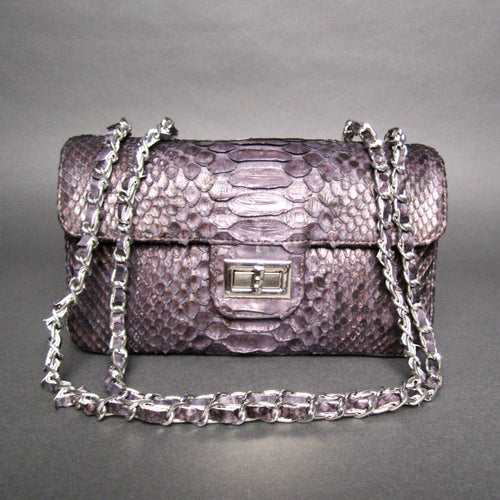 Grey Snakeskin Leather Shoulder Bag - Flap Bag LARGE