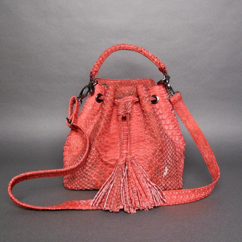 Red Stonewash Python Leather Bucket Shoulder bag