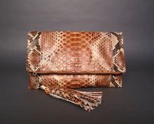 Load image into Gallery viewer, Brown Multicolor Glazed Snakeskin Leather Tassel Clutch Bag
