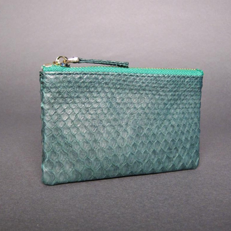 Dark Green Python Leather Zip Pouch