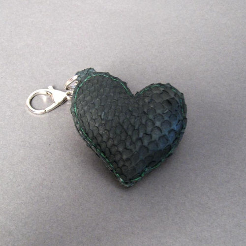 Dark Green Python Leather Heart Key Holder and Charm - Large