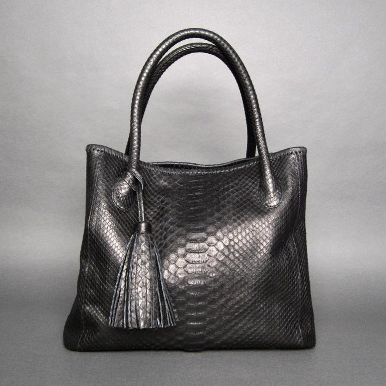 Black Python Leather Tassel Tote Shoulder bag