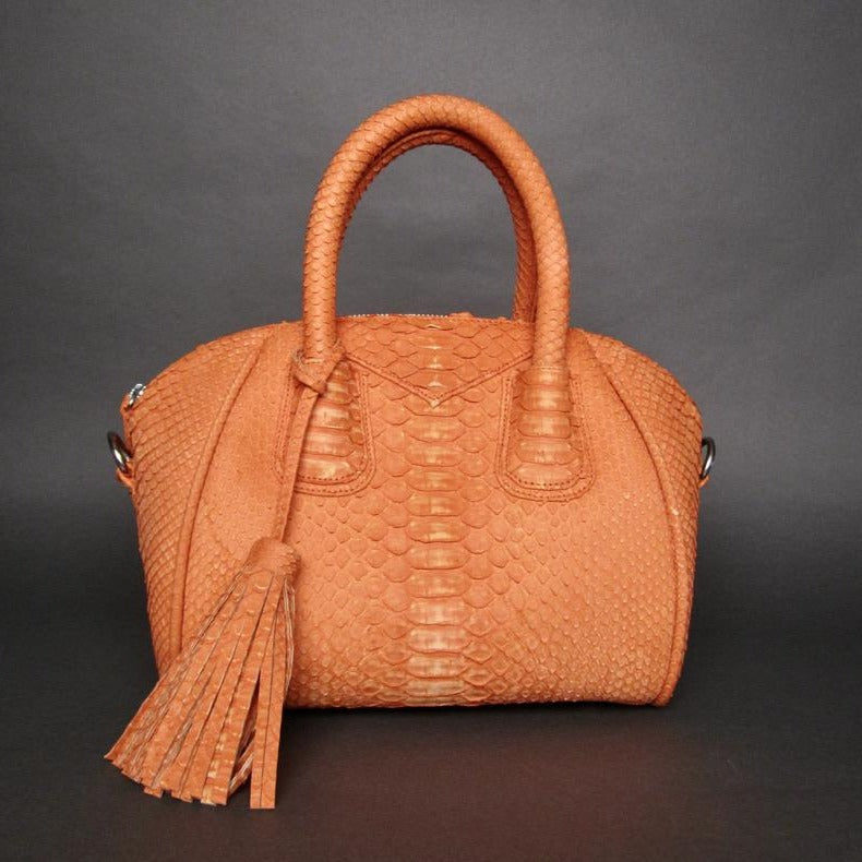 Orange Stonewash Python Leather Satchel Handbag