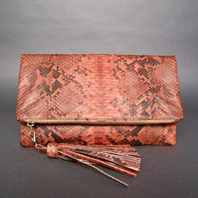 Load image into Gallery viewer, Orange Ocre Motif Python Leather Tassel Clutch Bag
