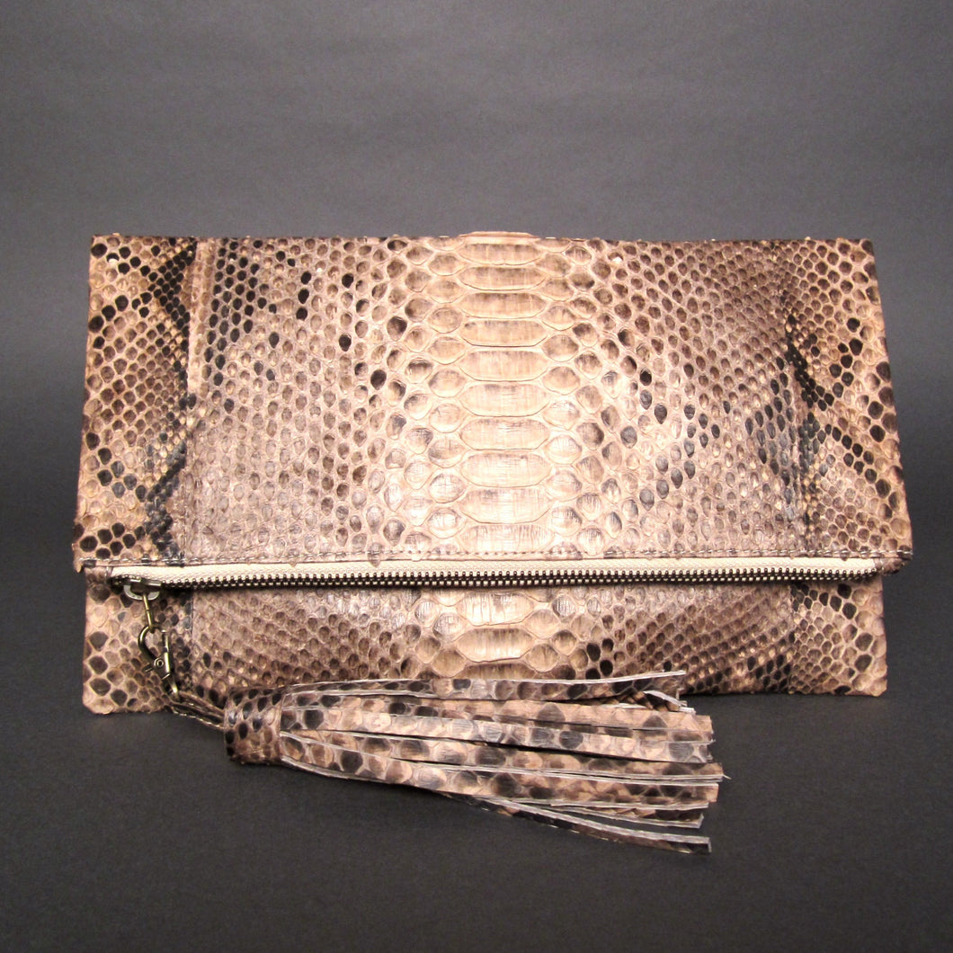 Tan Beige Motif Python Leather Tassel Clutch Bag