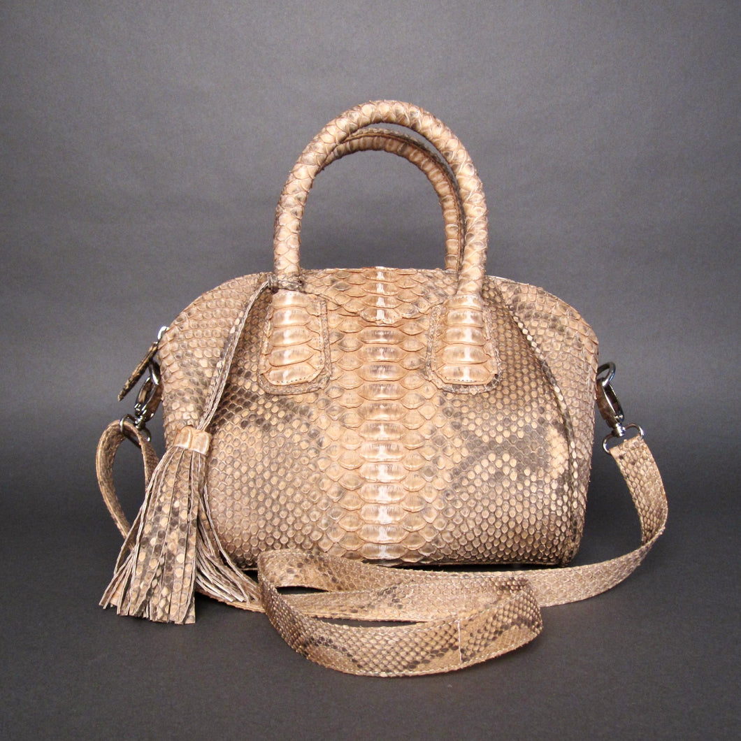 Tan Beige Stonewash Python Leather Satchel Handbag