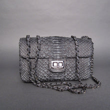 Cargar imagen en el visor de la galería, Grey Stonewash Python Leather Shoulder  Bag - Flap Bag LARGE
