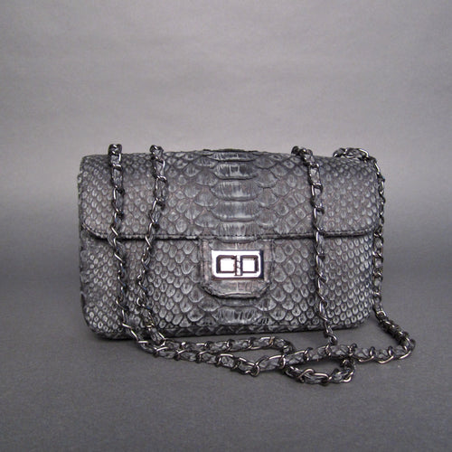Dark Grey Stonewash Python Leather Large Shoulder Flap Bag