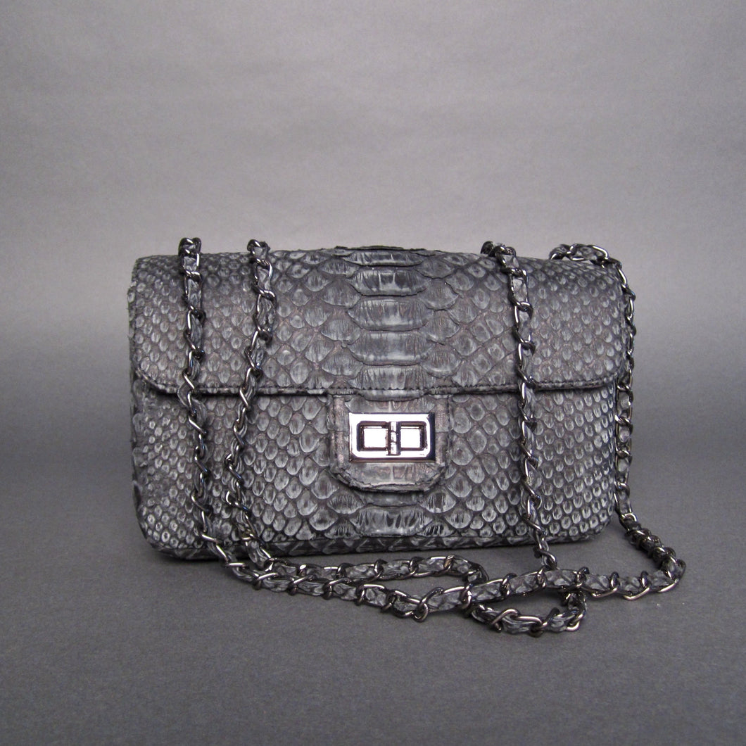 Grey Stonewash Python Leather Shoulder  Bag - Flap Bag LARGE