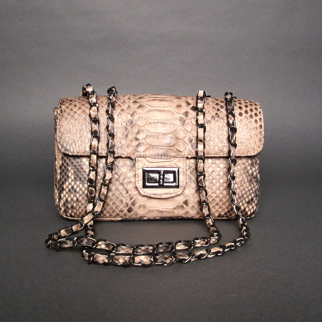 Tan Beige Python Motif Leather Large Shoulder Flap Bag