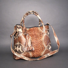 Load image into Gallery viewer, Brown Multicolor Python Motif Leather Tassel Tote Shoulder bag
