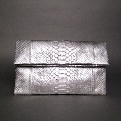 Metallic Silver Snakeskin Leather Clutch Bag