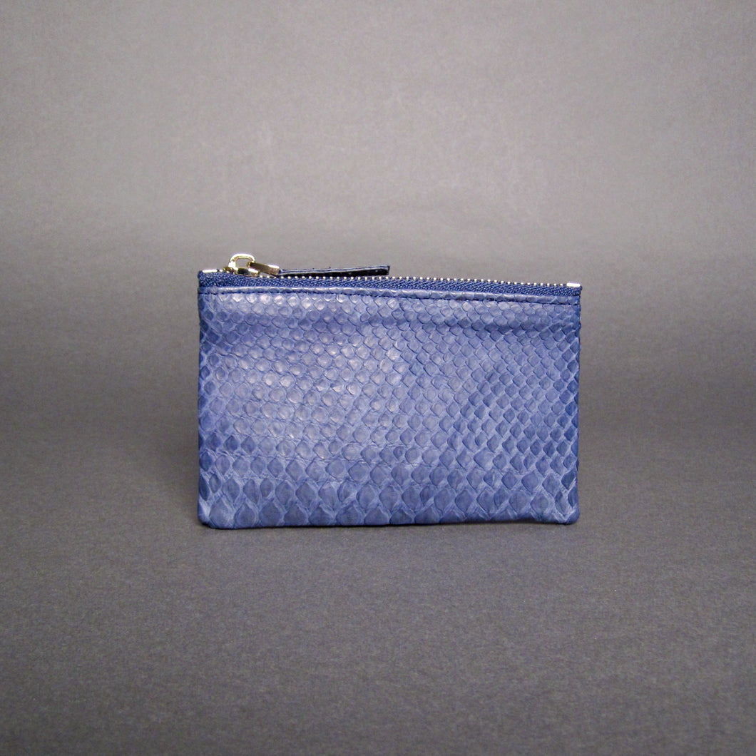 Navy Blue Snakeskin Leather Zip Pouch