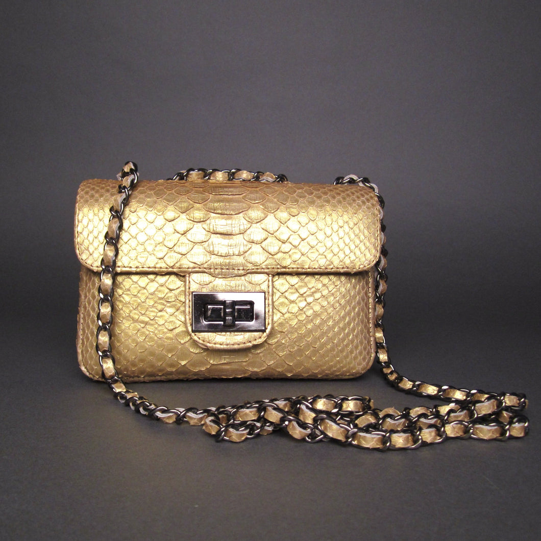 Gold Python Leather Shoulder Flap Bag - SMALL