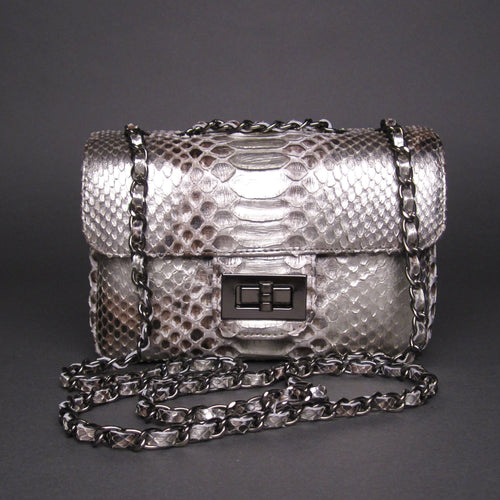 Metallic Silver Snakeskin Motif Python Leather Shoulder Flap Bag - SMALL
