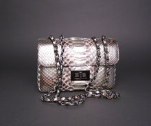 Load image into Gallery viewer, Metallic Silver Snakeskin Motif Python Leather Shoulder Flap Bag - SMALL
