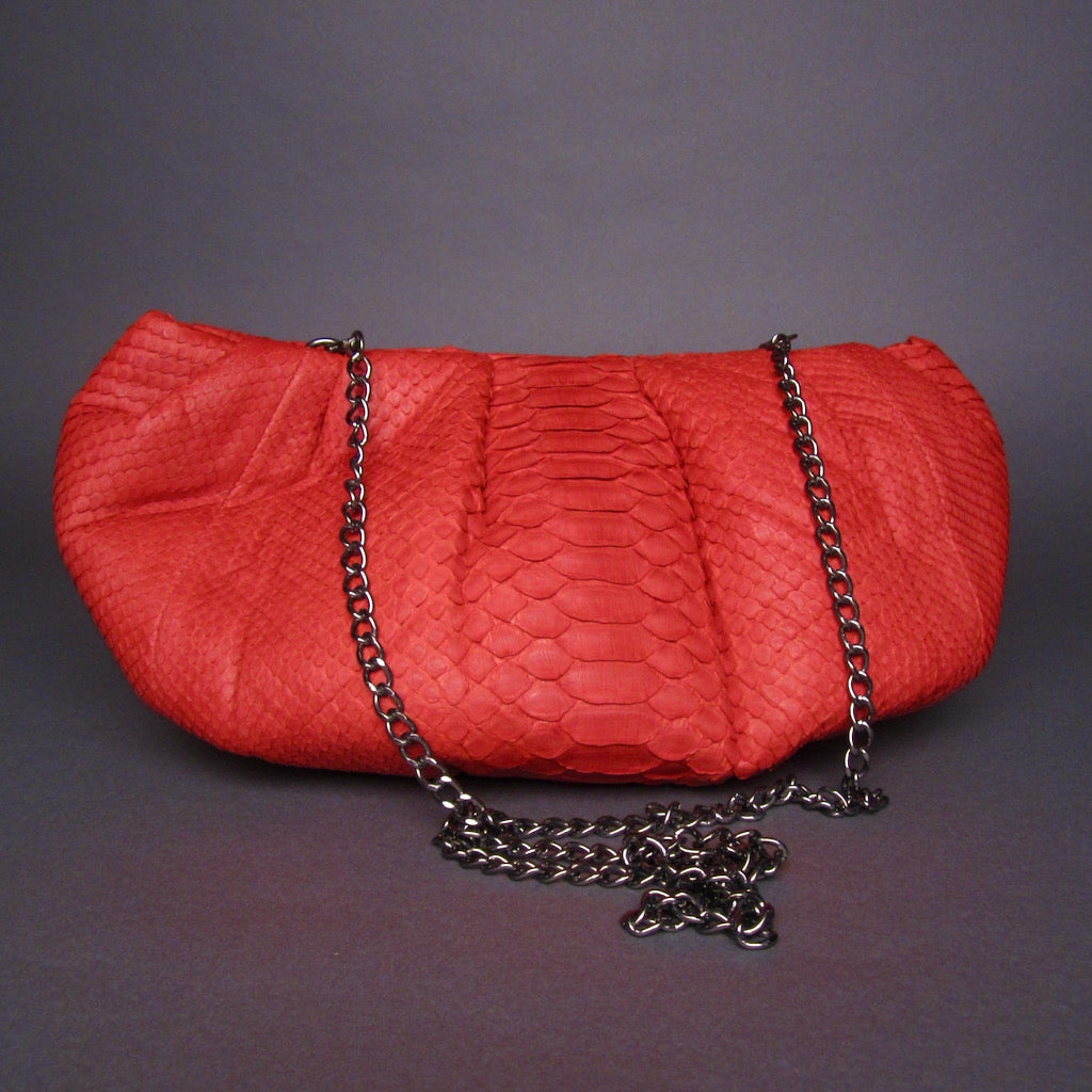 Red Python Leather Dumpling Oversized Clutch Shoulder Bag