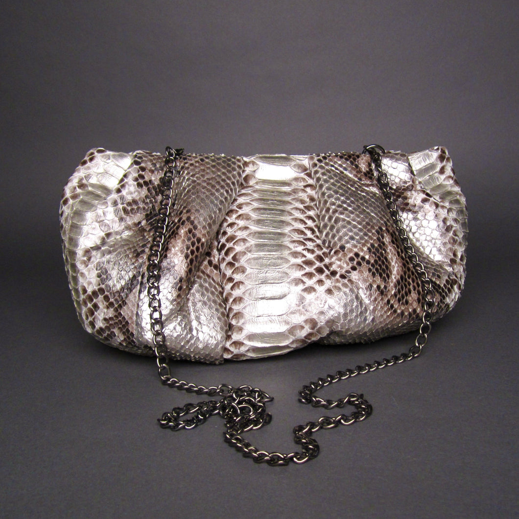 Silver Metallic Python Leather Dumpling Oversized Clutch Shoulder Bag