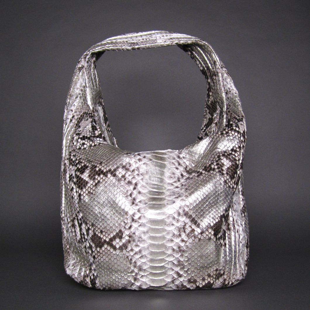 Metallic Silver Snakeskin Python Leather Large Hobo Bag