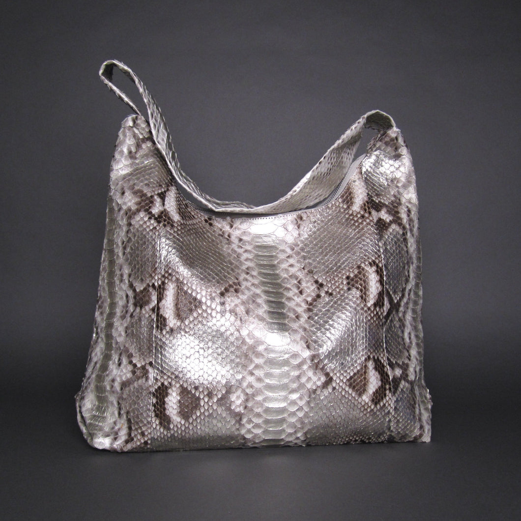 Metallic Silver Snakeskin Leather XL Shoulder Bag