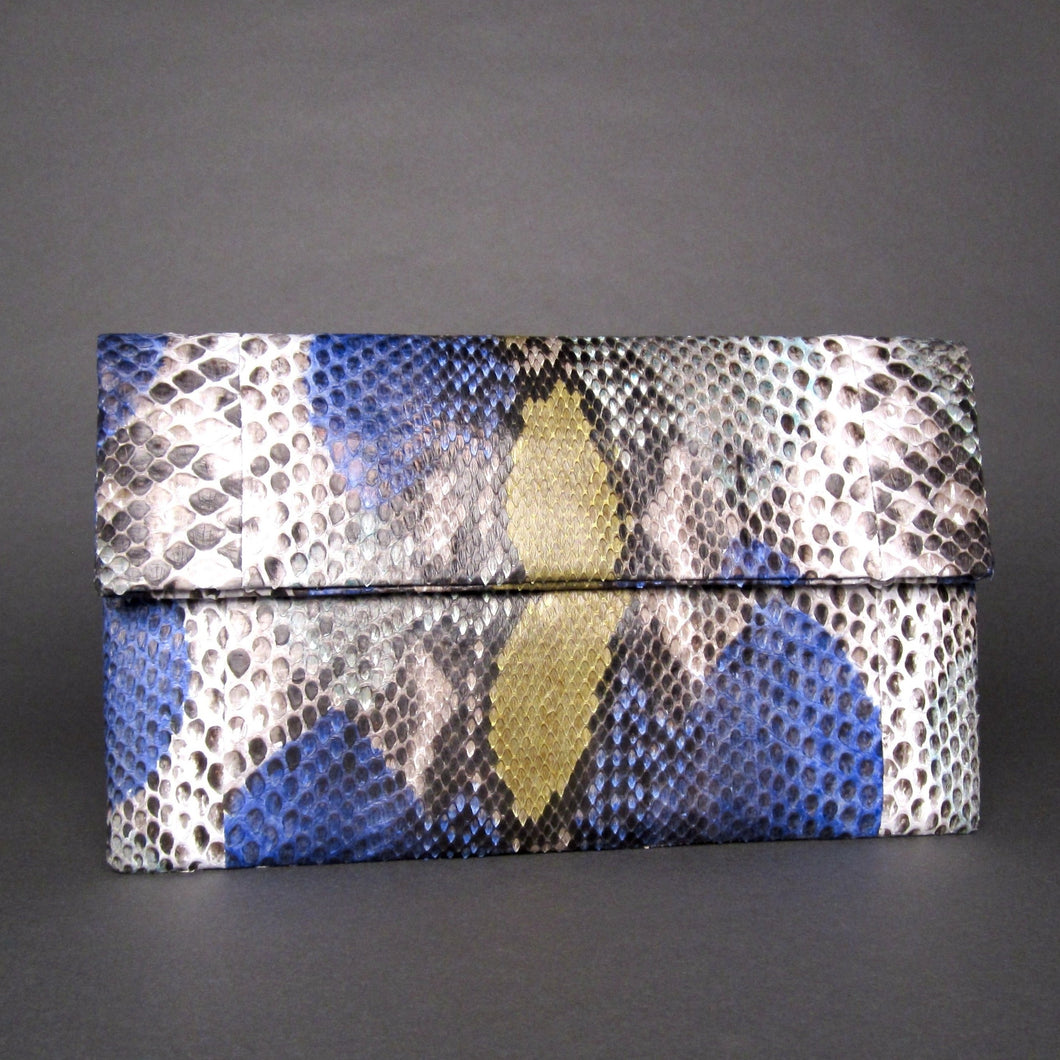 Blue Yellow Multicolor Exotic Python Leather Clutch Bag