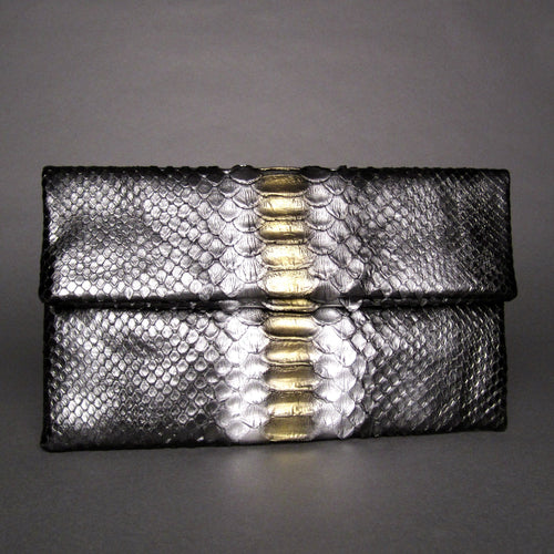 Metallic Black Multicolor Python Leather Clutch Bag