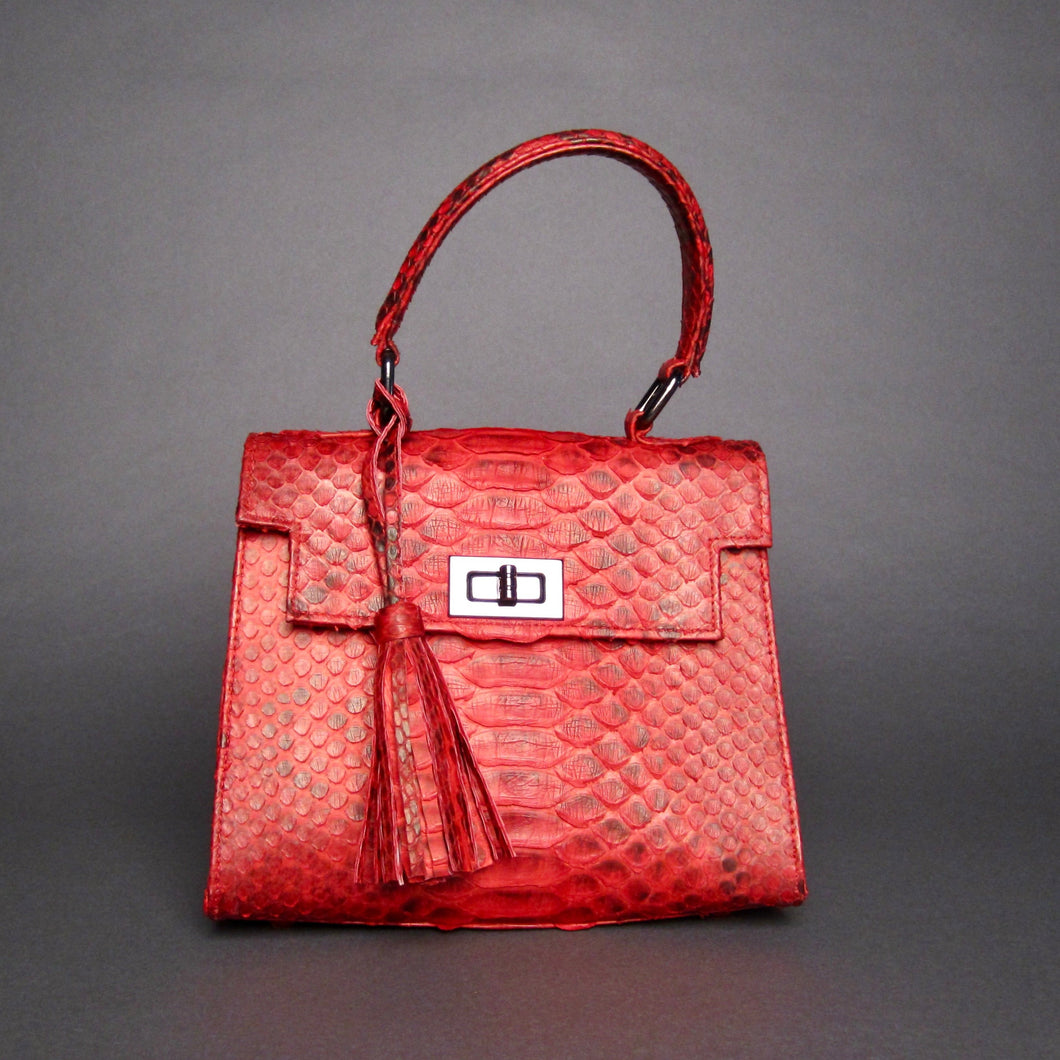 Red and Black Python Leather Small Satchel Top handle Bag