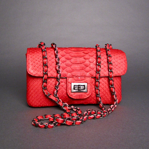 Red Python Leather Shoulder Flap Bag - LARGE