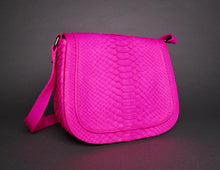 Load image into Gallery viewer, Fuchsia Pink Python Leather Large Crossbody Saddle Bag
