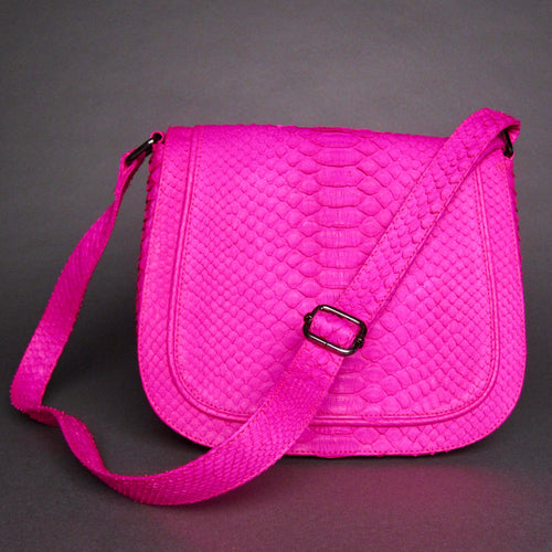 Fuchsia Pink Python Leather Large Crossbody Saddle Bag